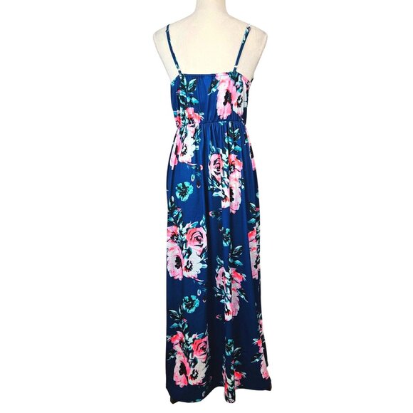 Womens Floral Boho Maxi Dress Adjustable Spaghetti Straps Navy Blue & Pink Small - Picture 2 of 12